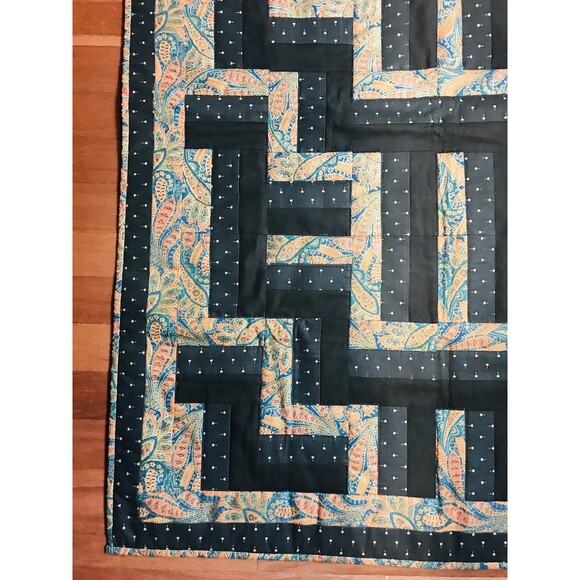 Vintage Handmade And Machine Sewn Wall Hanging Quilt Black Teal Orange 44 X 32 - Picture 10 of 12